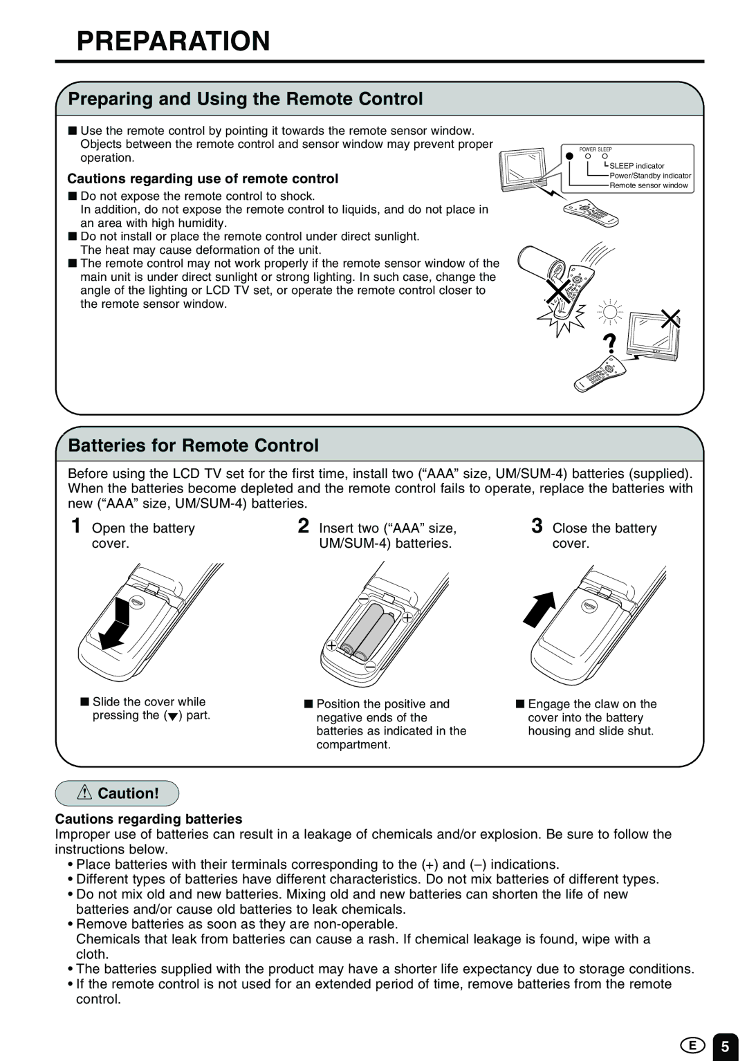 Sharp LC-13E1M LC-15E1M LC-20E1M 1 LC-13E1M LC-15E1M LC-20E1M Preparation, Preparing and Using the Remote Control 