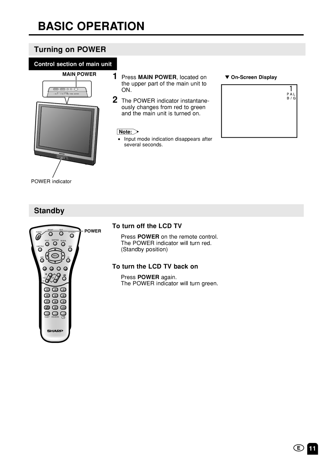 Sharp LC-13S1M, LC15S1M Basic Operation, Turning on Power, Standby, To turn off the LCD TV, To turn the LCD TV back on 