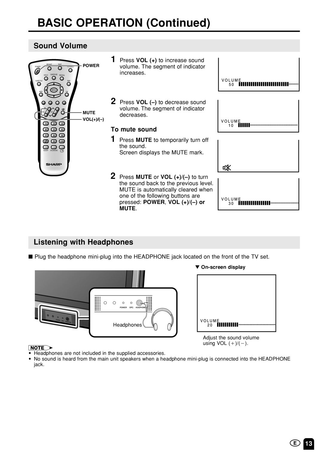 Sharp LC20S1M, LC-13S1M, LC15S1M operation manual Sound Volume, Listening with Headphones, To mute sound 