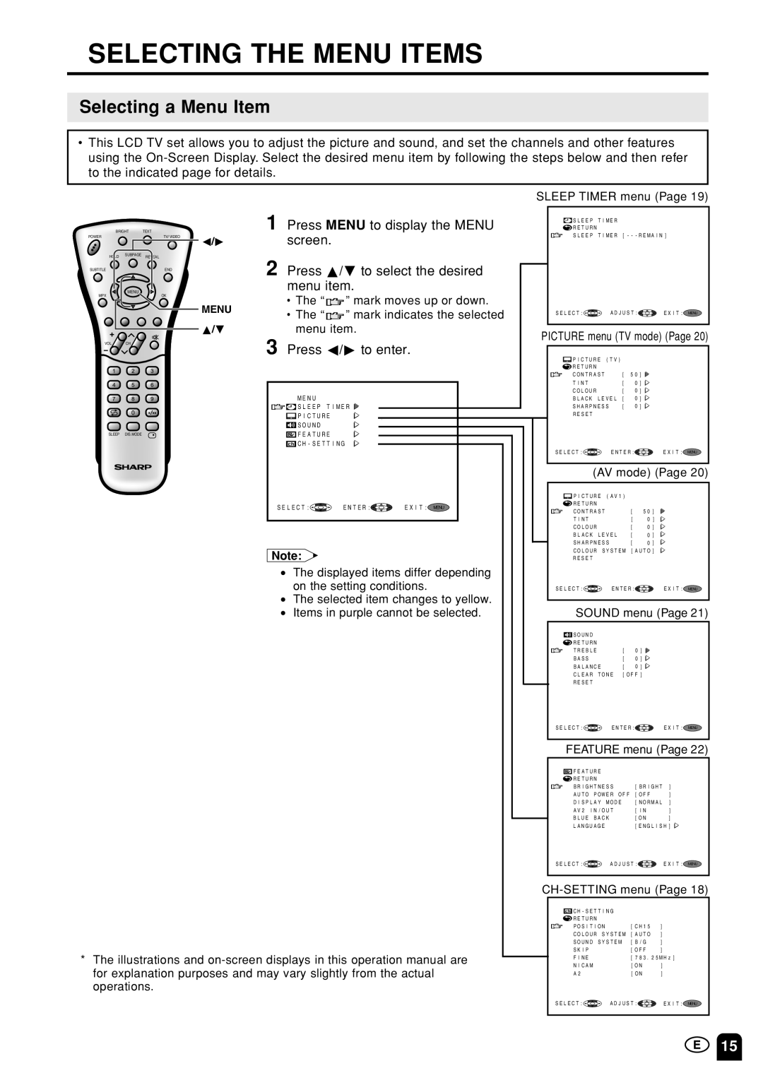 Sharp LC15S1M, LC-13S1M Selecting the Menu Items, Selecting a Menu Item, Press Menu to display the Menu, Press c/dto enter 