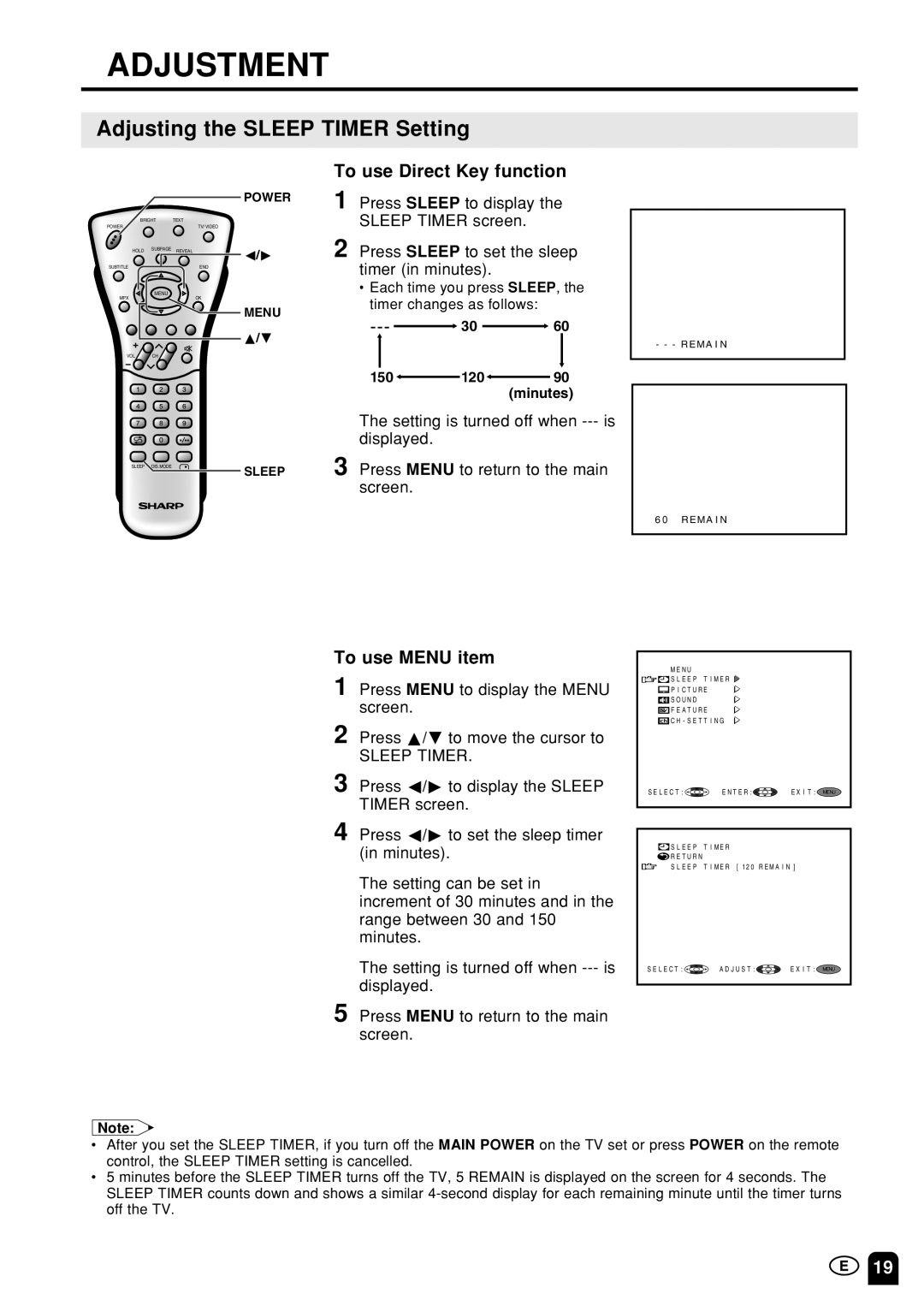 Sharp LC20S1M, LC-13S1M, LC15S1M operation manual Adjustment, Adjusting the Sleep Timer Setting, To use Direct Key function 