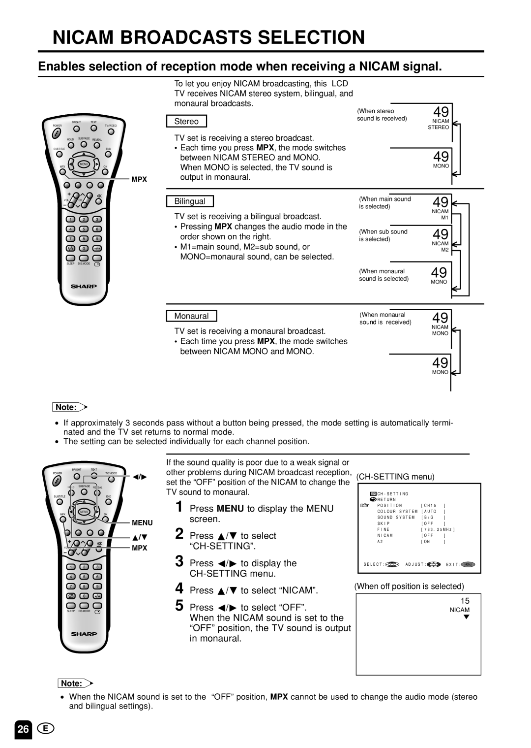 Sharp LC-13S1M, LC15S1M, LC20S1M Nicam Broadcasts Selection, Press a/bto select Nicam, Press c/dto select OFF 