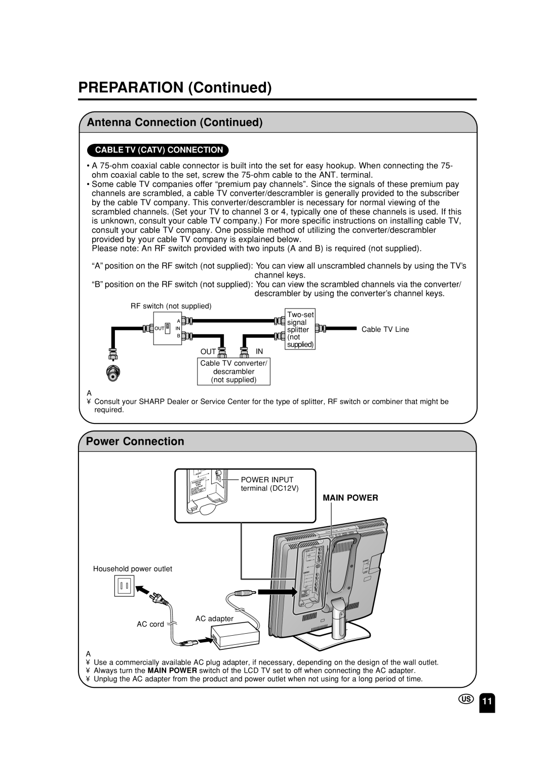 Sharp LC-13S2U, LC-15S2U, LC-20S2U operation manual Power Connection, Main Power, Out 