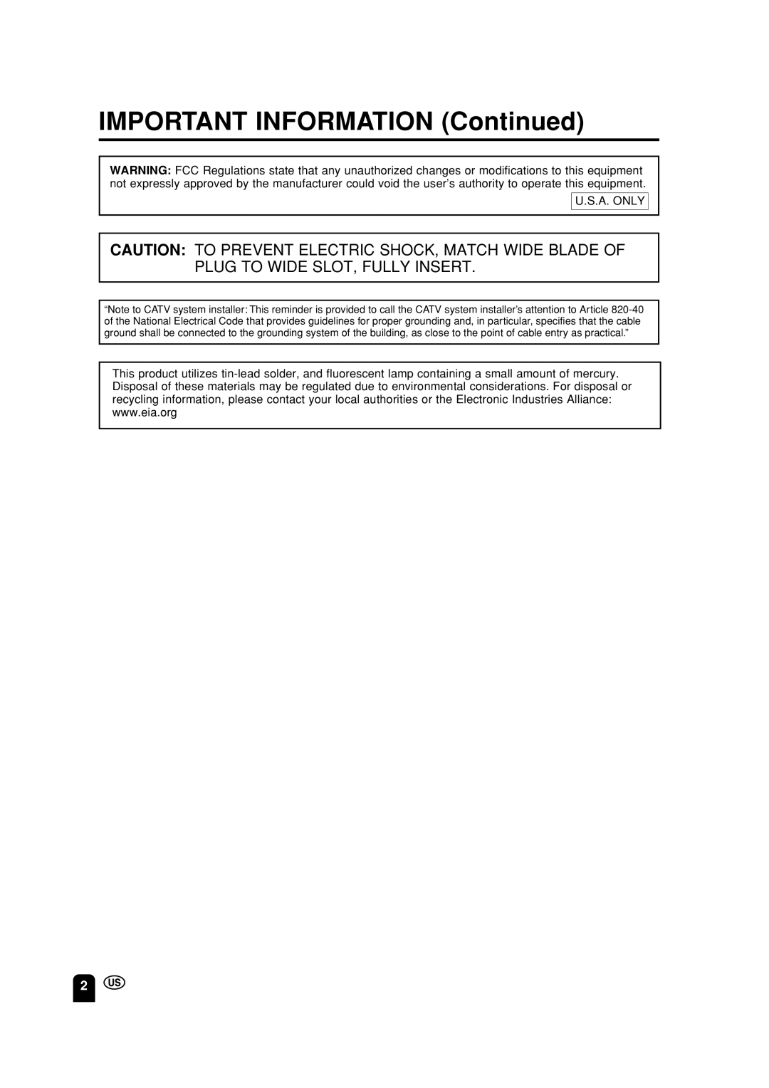 Sharp LC-13S2U, LC-15S2U, LC-20S2U operation manual Important Information 