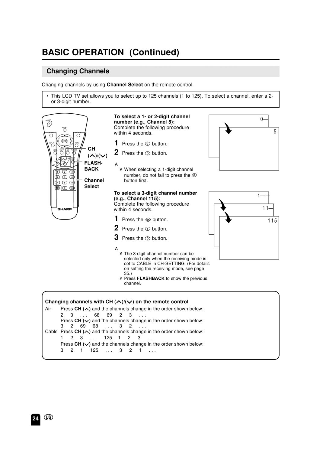 Sharp LC-13S2U, LC-15S2U, LC-20S2U operation manual Changing Channels, Flash, Back 