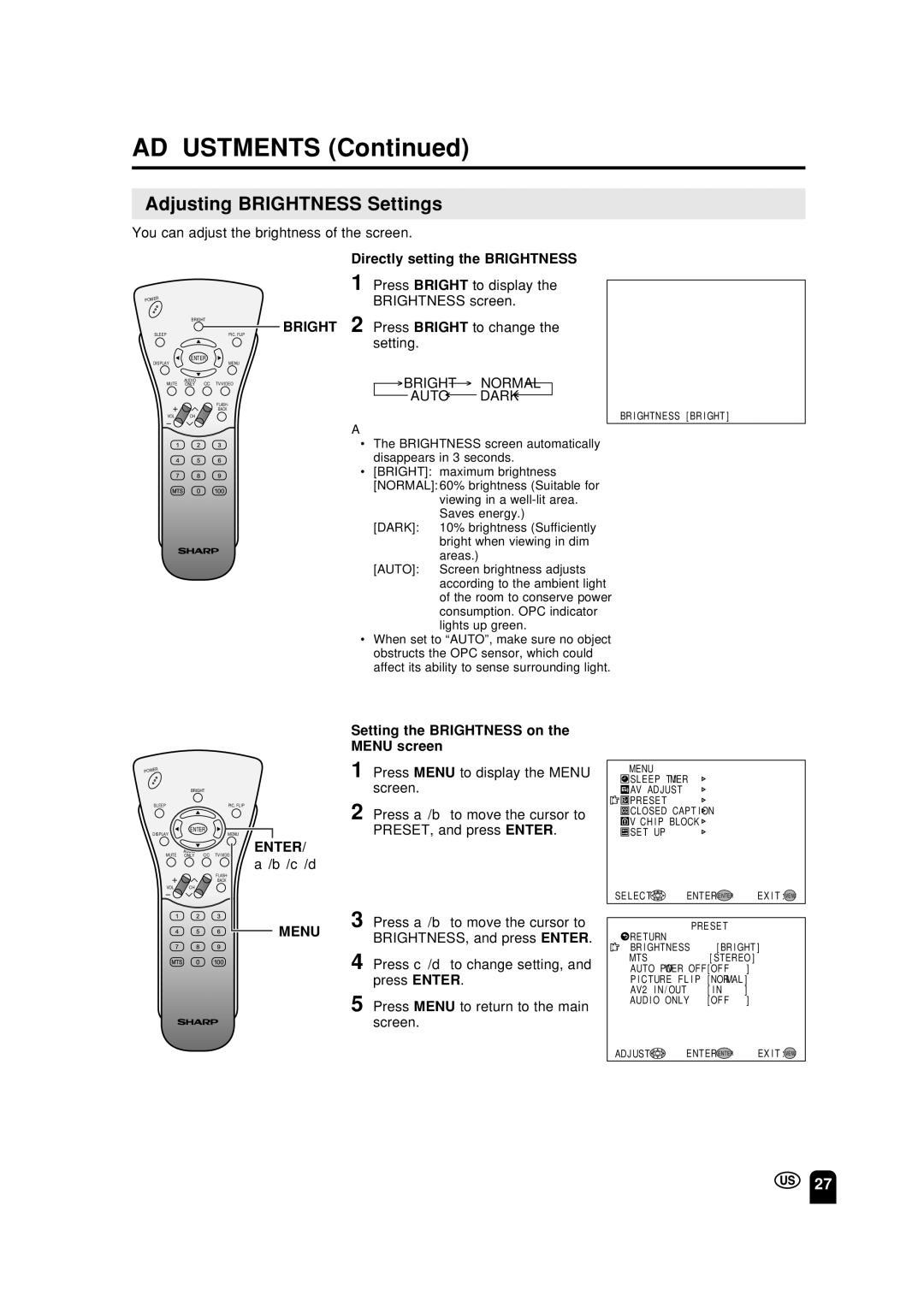 Sharp LC-13S2U, LC-15S2U, LC-20S2U Adjustments, Adjusting Brightness Settings, Directly setting the Brightness 