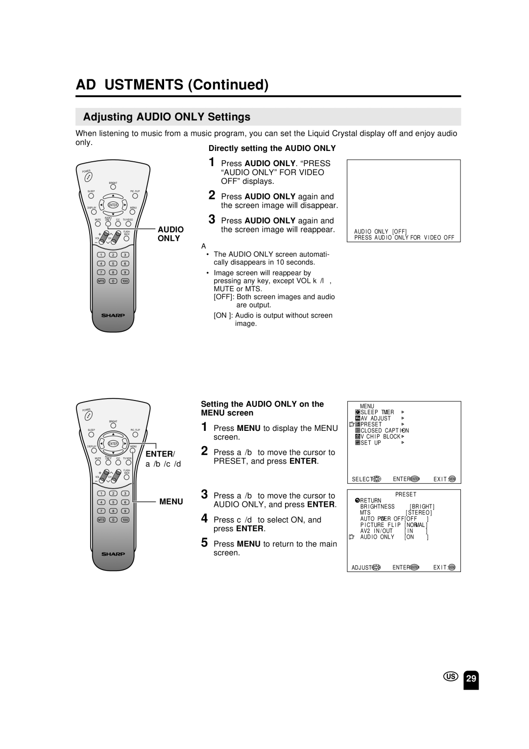 Sharp LC-13S2U, LC-15S2U, LC-20S2U operation manual Adjusting Audio only Settings, Directly setting the Audio only, Only 