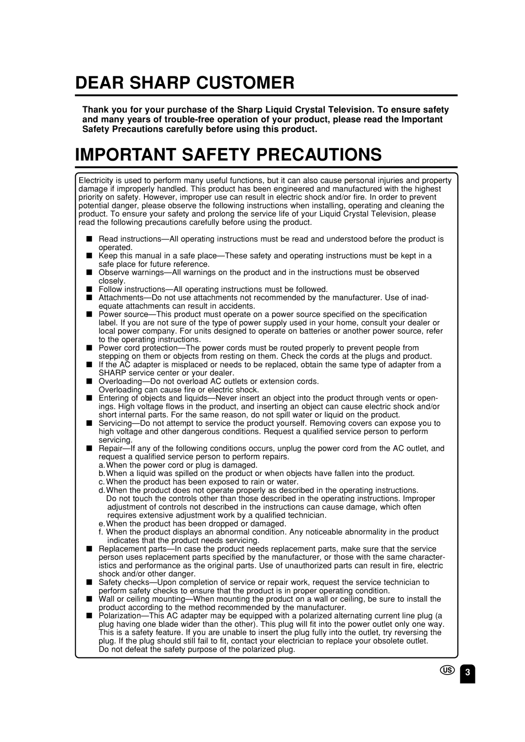 Sharp LC-13S2U, LC-15S2U, LC-20S2U operation manual Dear Sharp Customer 