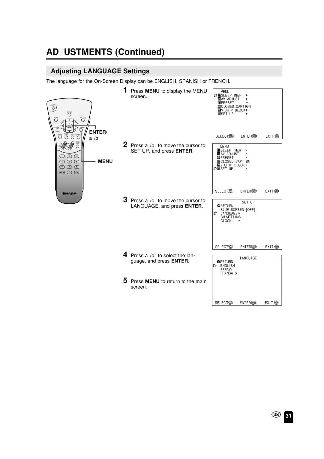 Sharp LC-13S2U, LC-15S2U, LC-20S2U operation manual Adjusting Language Settings, SET UP, and press Enter 