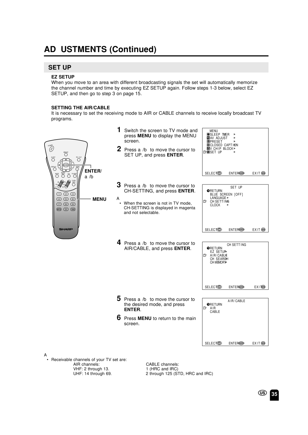 Sharp LC-13S2U, LC-15S2U, LC-20S2U operation manual EZ Setup, Setting the AIR/CABLE 