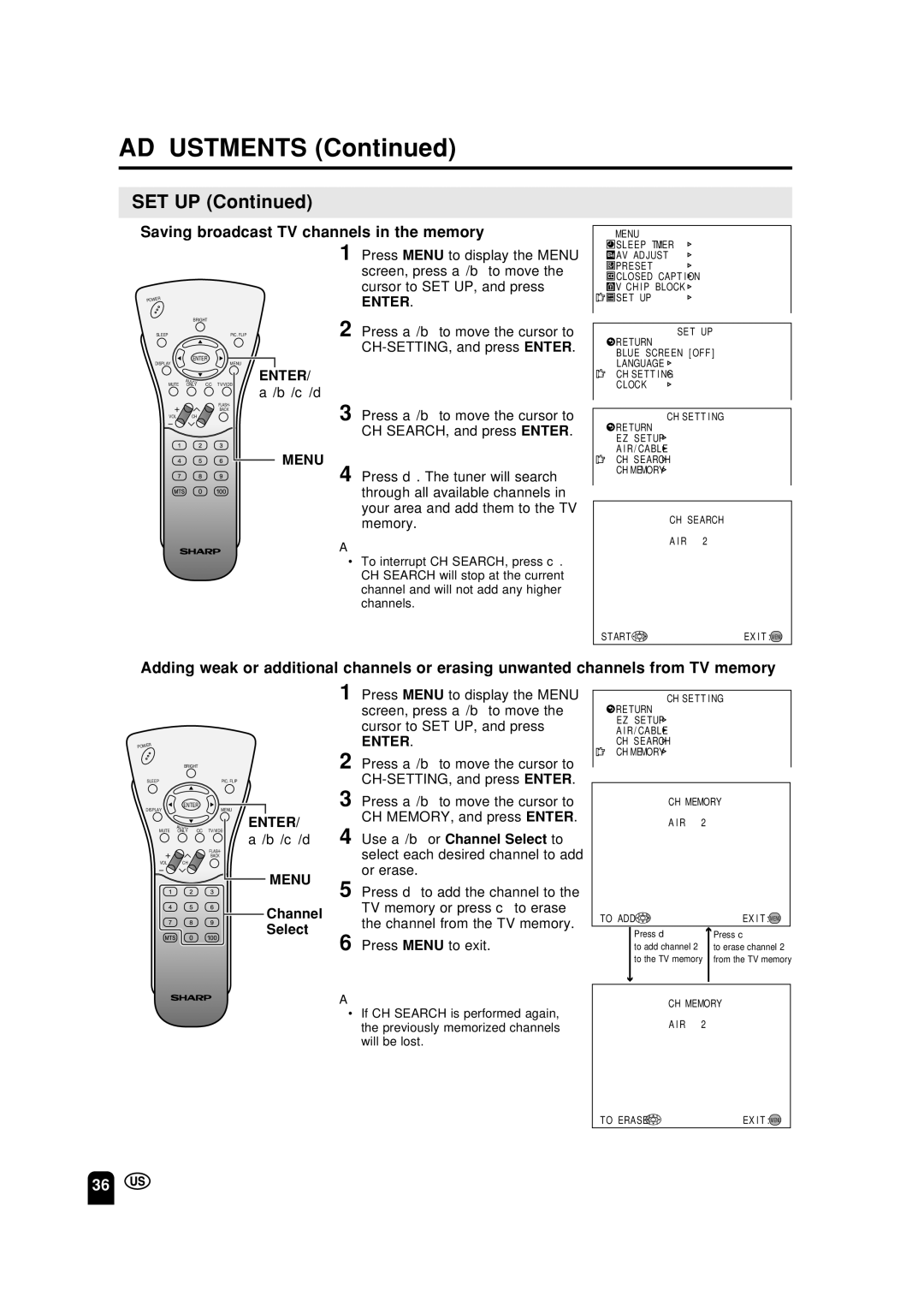 Sharp LC-13S2U, LC-15S2U, LC-20S2U Set Up, Saving broadcast TV channels in the memory, CH-SETTING, and press Enter 