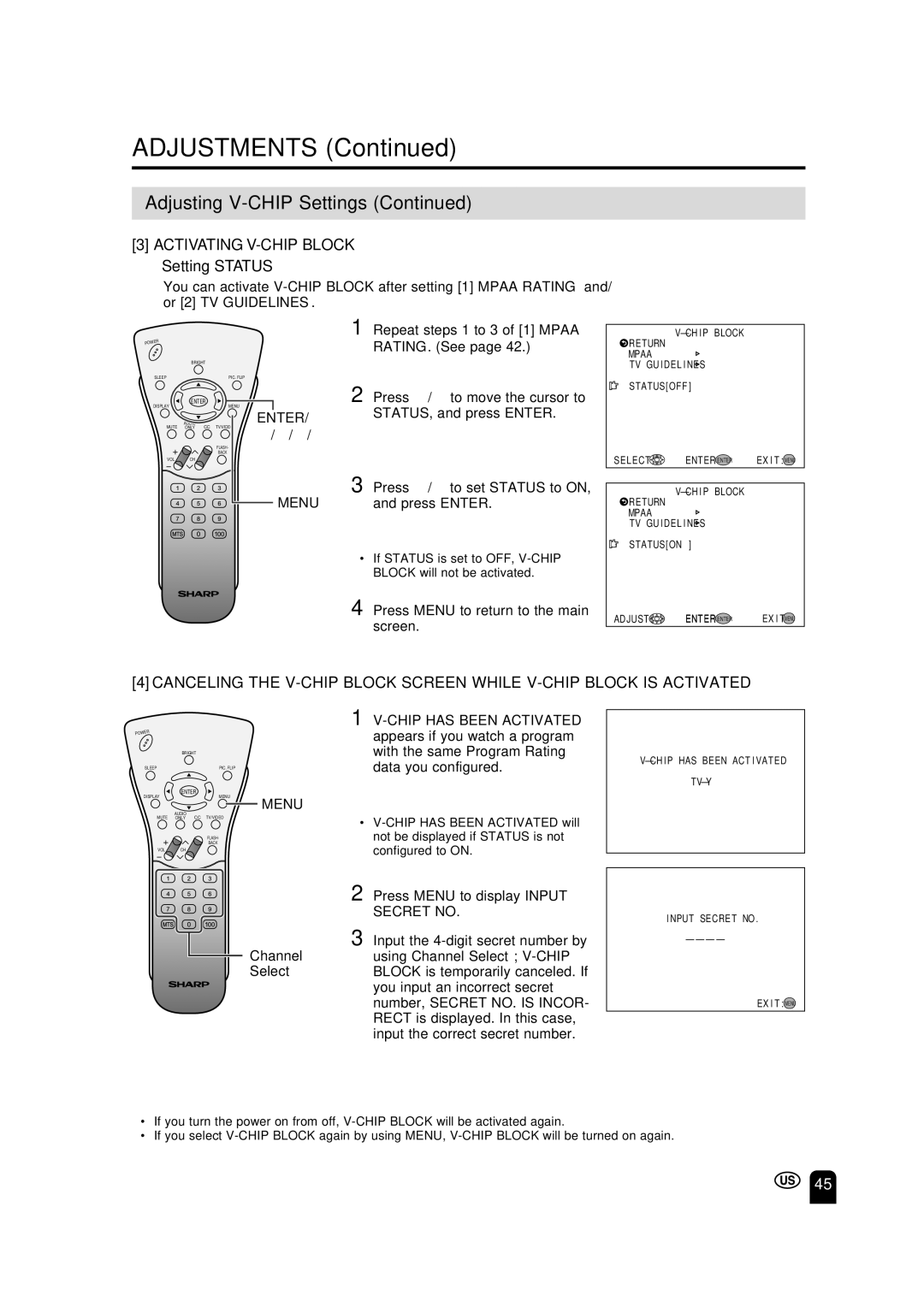 Sharp LC-13S2U, LC-15S2U, LC-20S2U operation manual Activating V-CHIP Block, Setting Status 