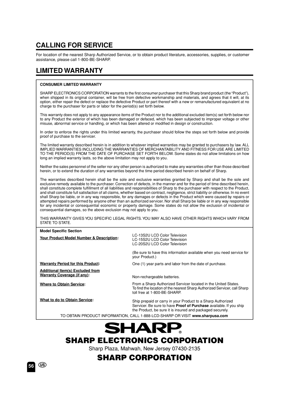 Sharp LC-13S2U, LC-15S2U, LC-20S2U operation manual Sharp Electronics Corporation, Sharp Corporation 