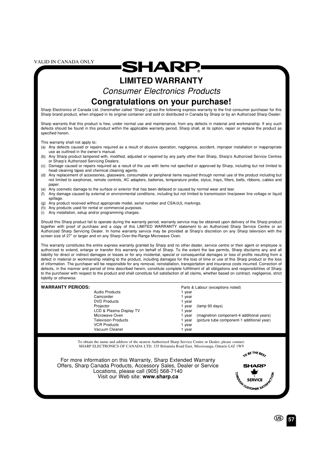 Sharp LC-13S2U, LC-15S2U, LC-20S2U operation manual Limited Warranty 