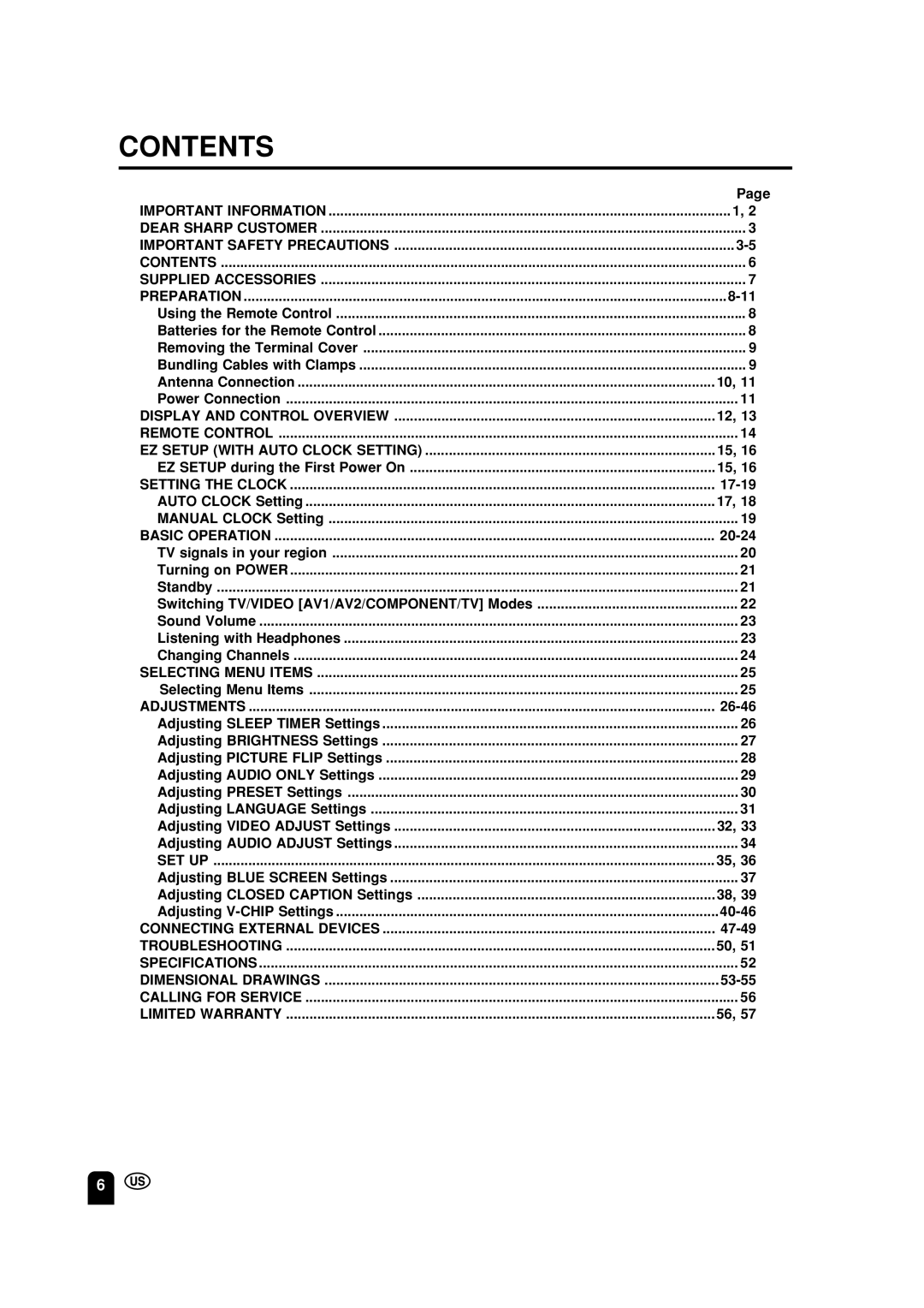 Sharp LC-13S2U, LC-15S2U, LC-20S2U operation manual Contents 