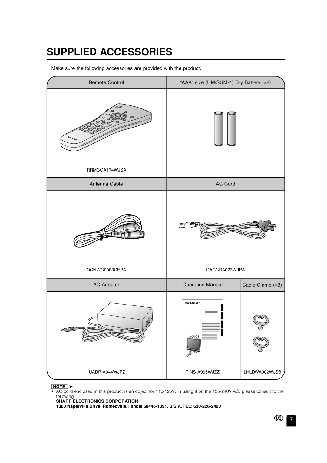 Sharp LC-13S2U, LC-15S2U, LC-20S2U Supplied Accessories, Antenna Cable AC Cord, AC Adapter Cable Clamp ⋅2, RRMCGA174WJSA 