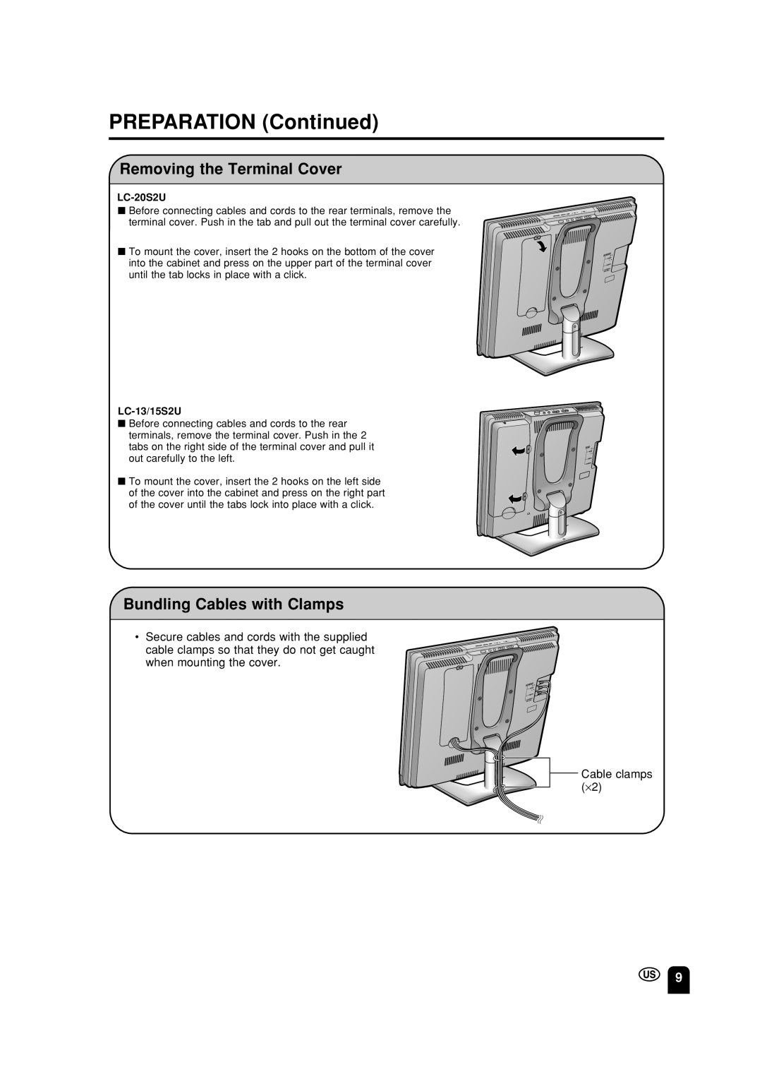 Sharp LC-13S2U, LC-15S2U, LC-20S2U operation manual Preparation, Removing the Terminal Cover, Bundling Cables with Clamps 