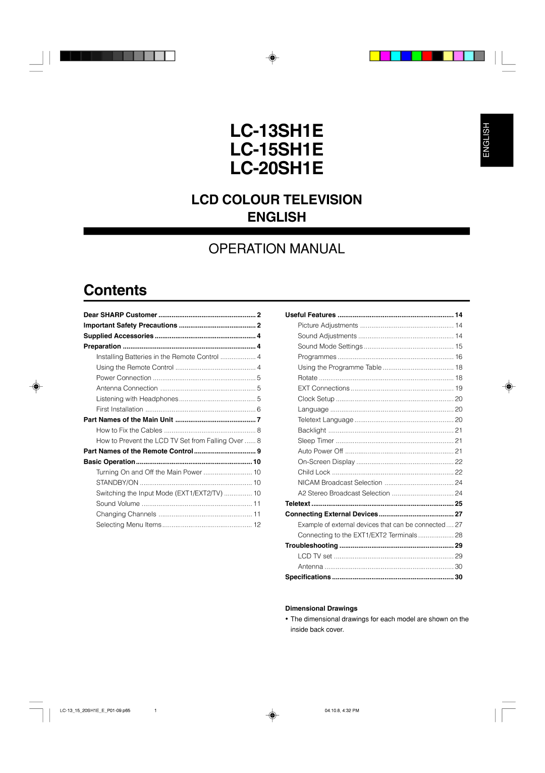 Sharp LC20SH1E operation manual LC-13SH1E LC-15SH1E LC-20SH1E 