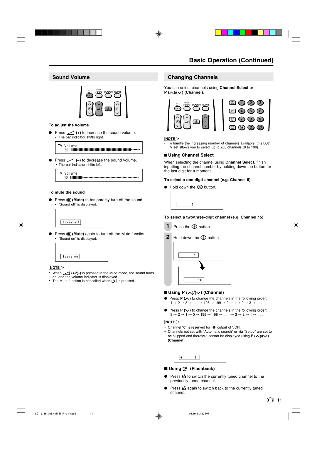 Sharp LC20SH1E, LC-13SH1E, LC-15SH1E operation manual Basic Operation, Sound Volume, Changing Channels 