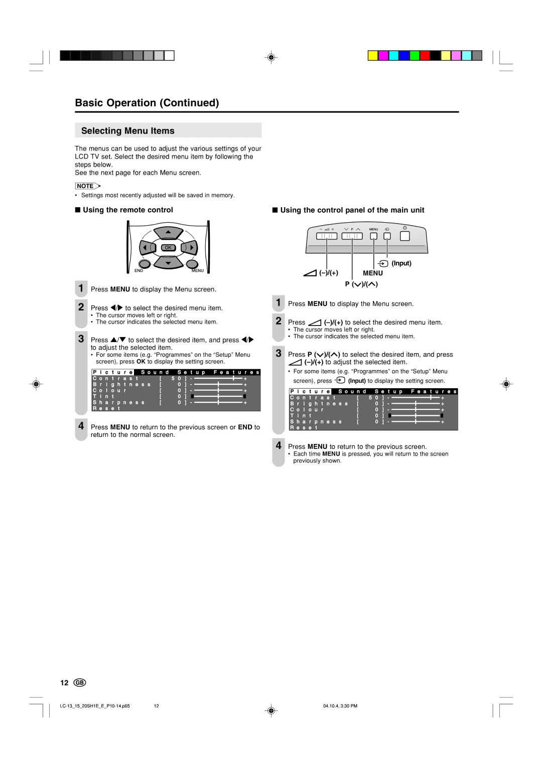 Sharp LC-13SH1E, LC-15SH1E Selecting Menu Items, Using the remote control, Using the control panel of the main unit, Input 