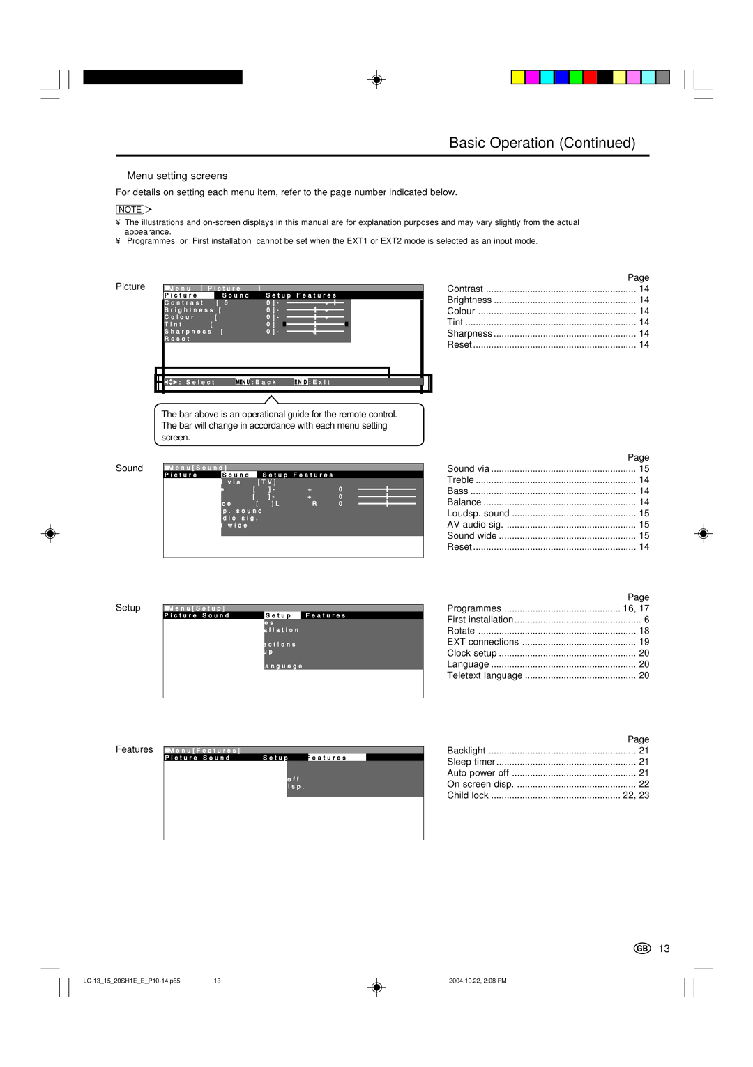 Sharp LC-15SH1E, LC-13SH1E, LC20SH1E Menu setting screens, Contrast Brightness Colour Tint Sharpness Reset, Features 