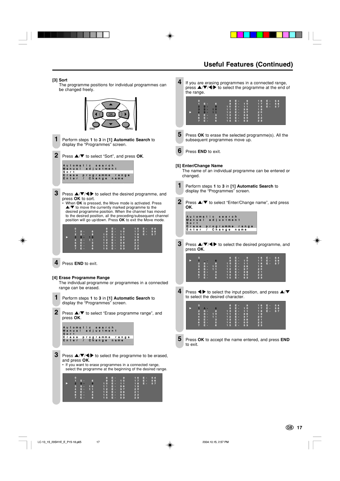 Sharp LC20SH1E, LC-13SH1E, LC-15SH1E operation manual Sort, Erase Programme Range, Enter/Change Name 