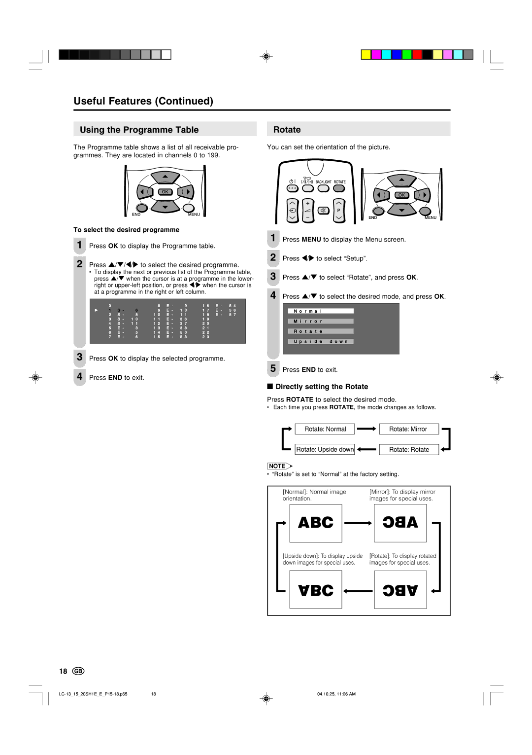 Sharp LC-13SH1E, LC-15SH1E Using the Programme Table, Directly setting the Rotate, To select the desired programme 