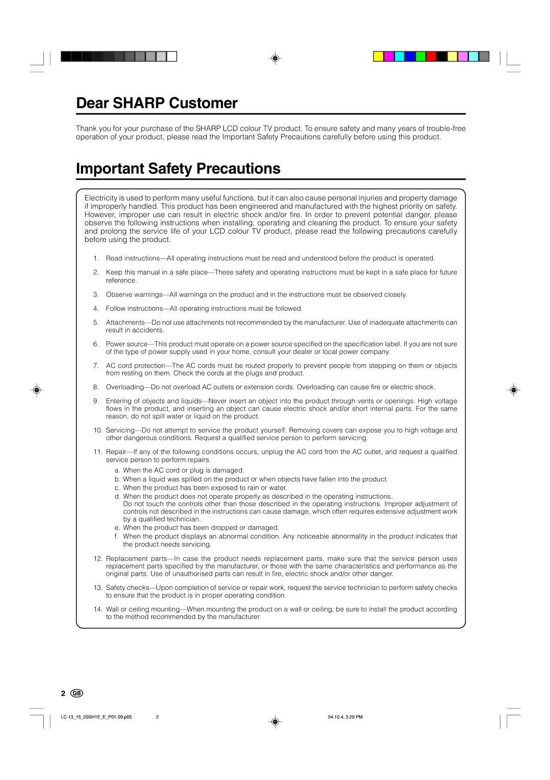 Sharp LC20SH1E, LC-13SH1E, LC-15SH1E operation manual Dear Sharp Customer 