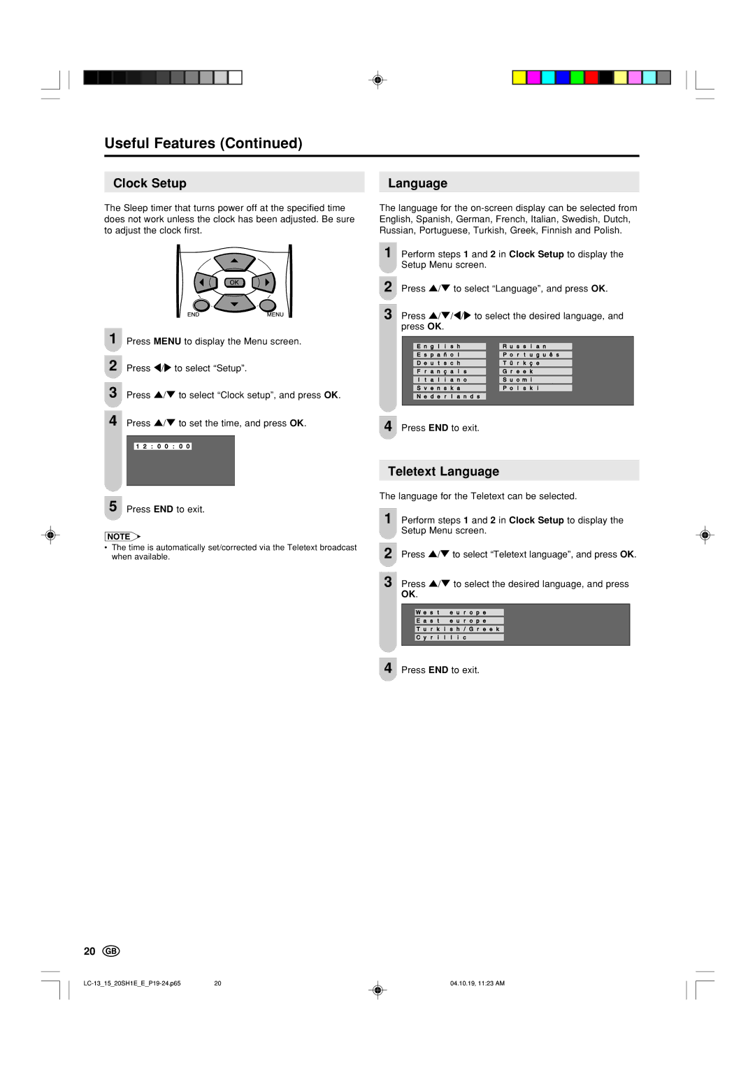 Sharp LC20SH1E, LC-13SH1E, LC-15SH1E operation manual Clock Setup, Teletext Language 