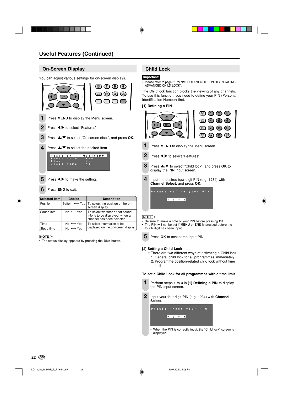 Sharp LC-15SH1E, LC-13SH1E, LC20SH1E operation manual On-Screen Display, Defining a PIN, Setting a Child Lock 