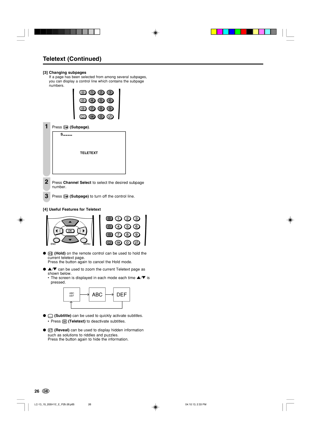 Sharp LC20SH1E, LC-13SH1E, LC-15SH1E operation manual Changing subpages, Press Subpage, Useful Features for Teletext 