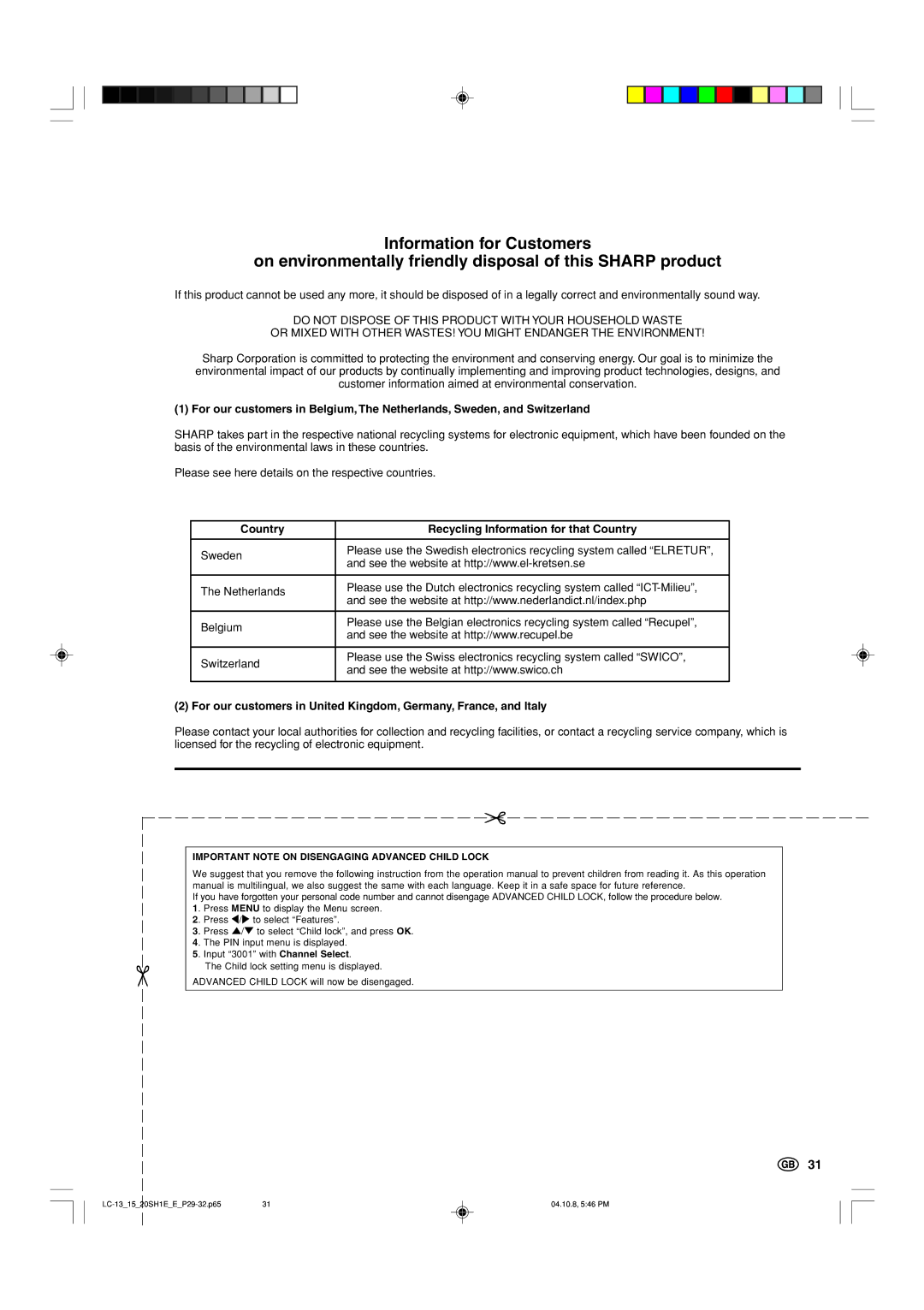 Sharp LC-15SH1E Country Recycling Information for that Country, Important Note on Disengaging Advanced Child Lock 