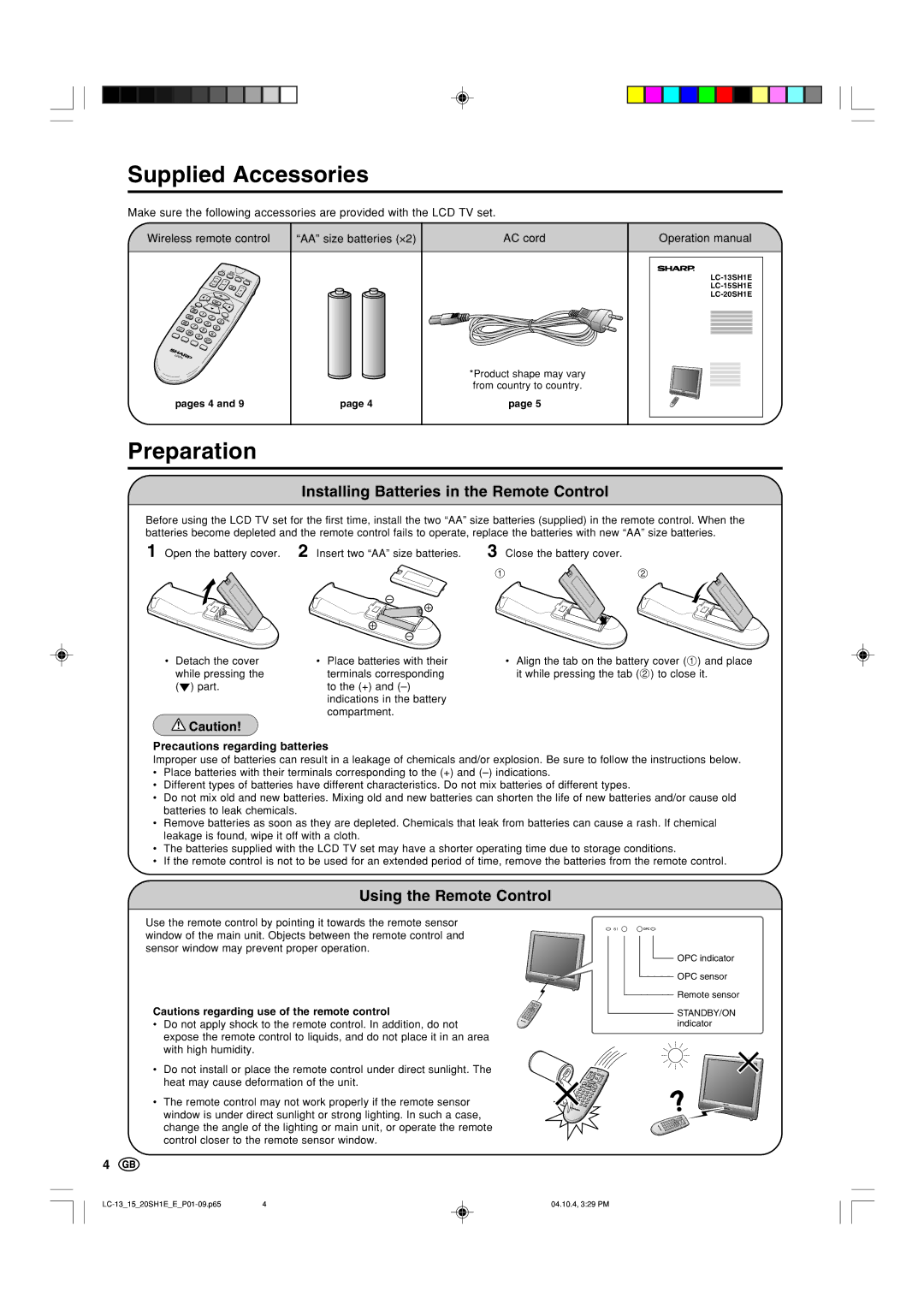 Sharp LC-15SH1E Supplied Accessories, Preparation, Installing Batteries in the Remote Control, Using the Remote Control 