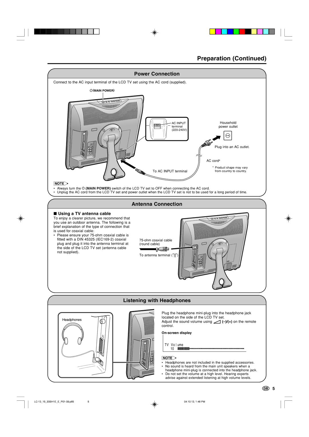 Sharp LC20SH1E Preparation, Power Connection, Antenna Connection, Listening with Headphones, Using a TV antenna cable 