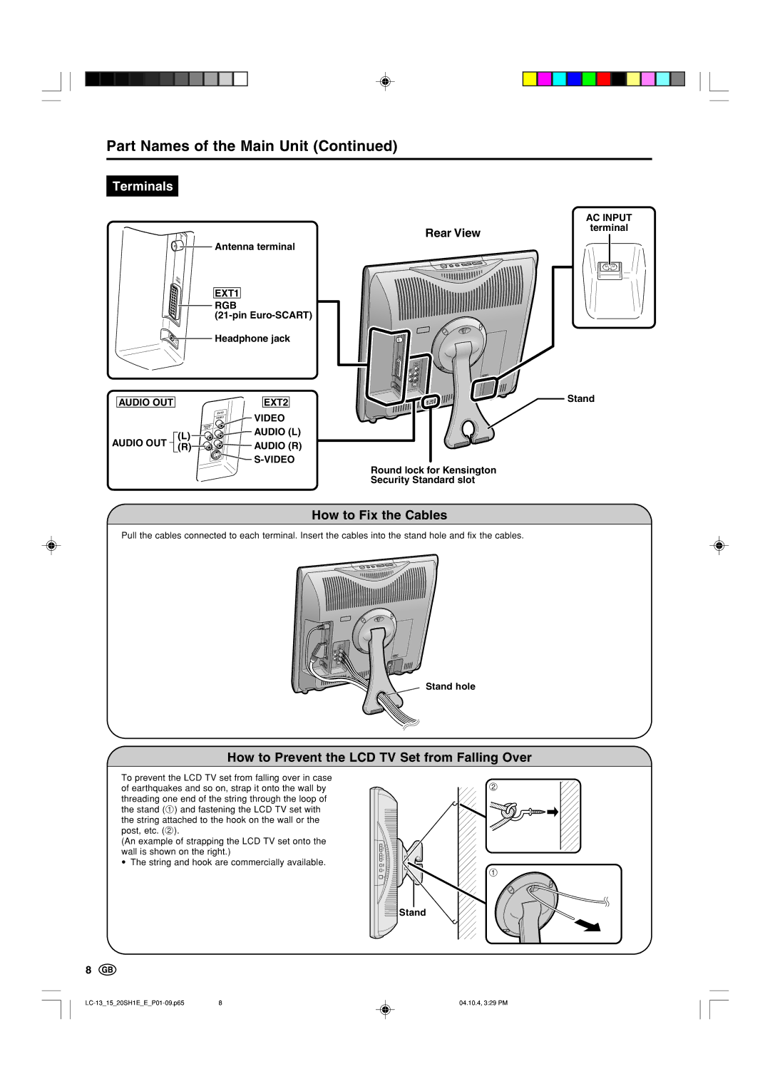 Sharp LC20SH1E Part Names of the Main Unit, How to Fix the Cables, How to Prevent the LCD TV Set from Falling Over 