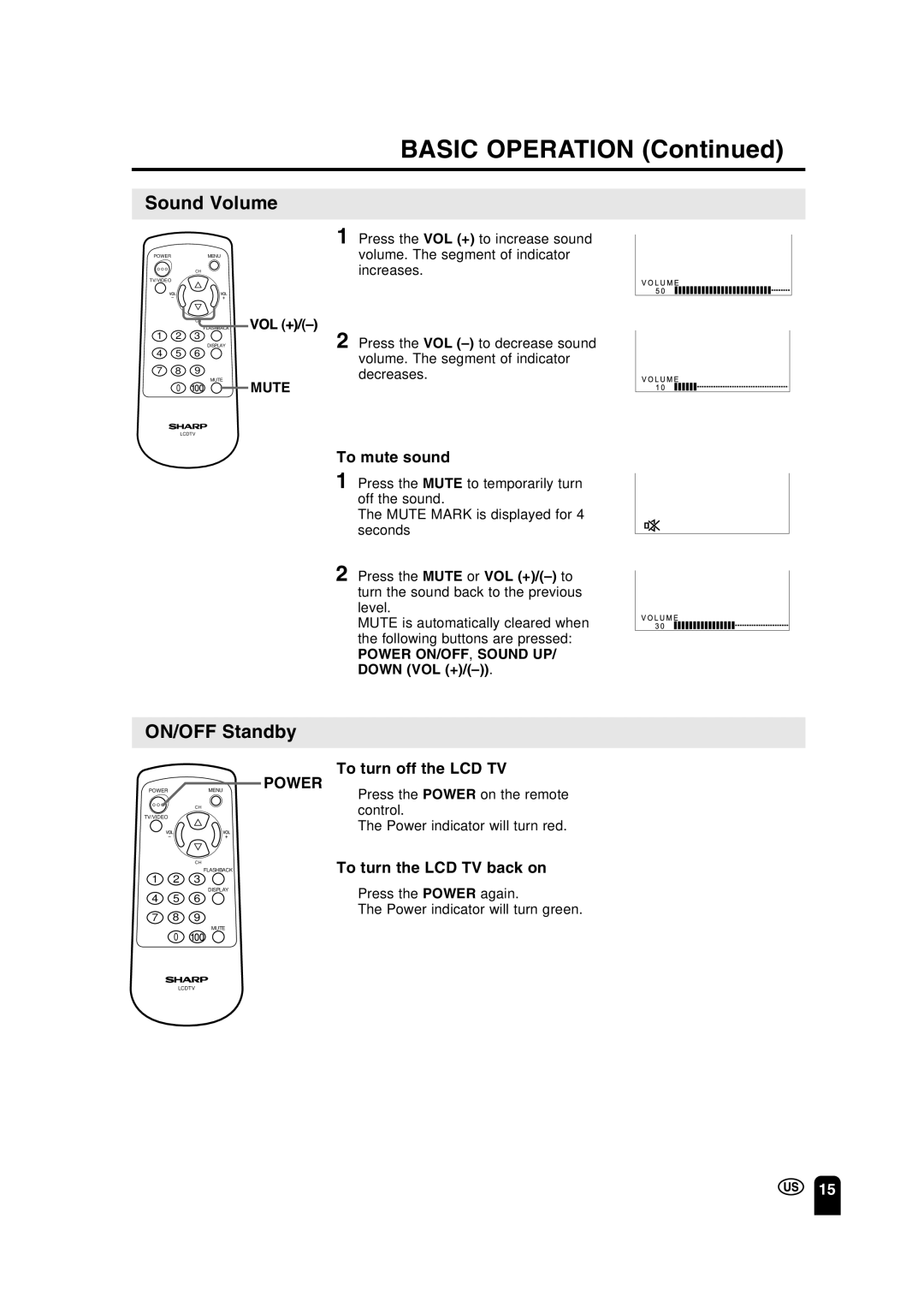 Sharp LC 15A2U operation manual Sound Volume, ON/OFF Standby, Press the Power again Power indicator will turn green 