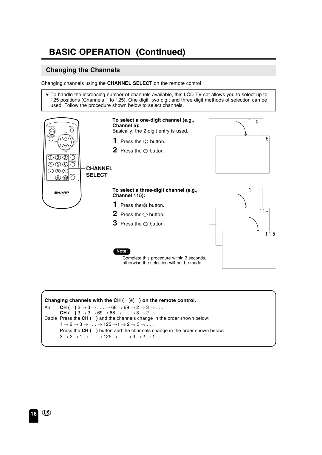 Sharp LC 15A2U operation manual Changing the Channels, Channel Select, Press the button Press the 5 button 