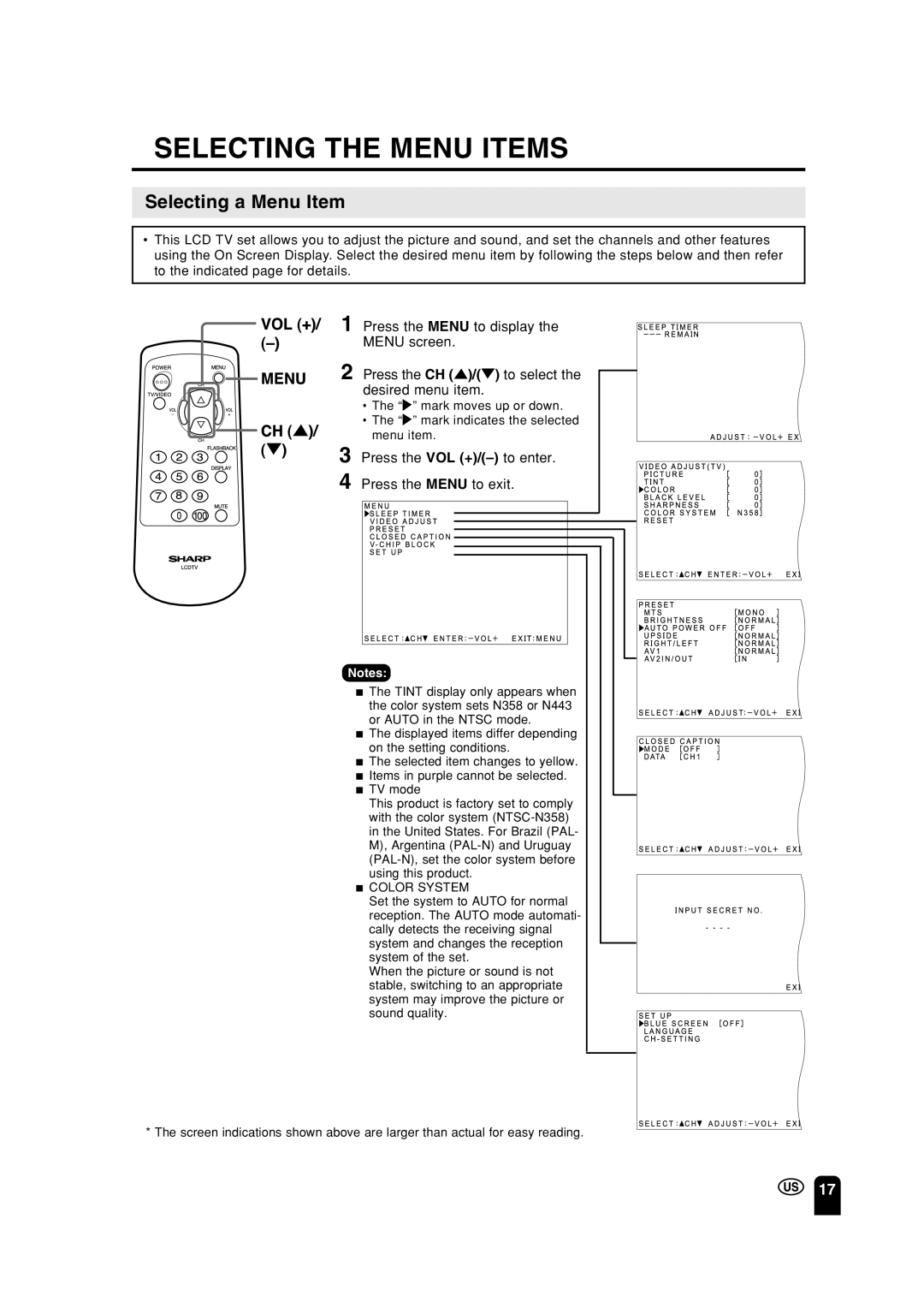 Sharp LC 15A2U Selecting the Menu Items, Selecting a Menu Item, Press the VOL +/-to enter Press the Menu to exit 