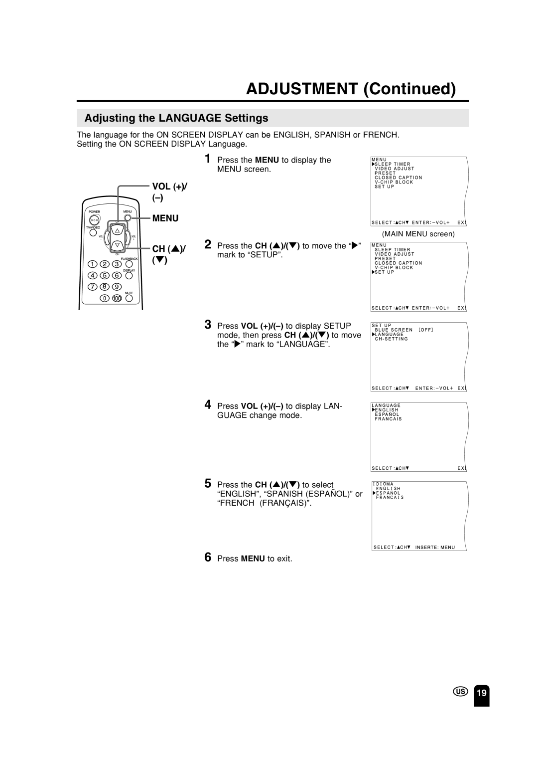 Sharp LC 15A2U operation manual Adjustment, Adjusting the Language Settings 