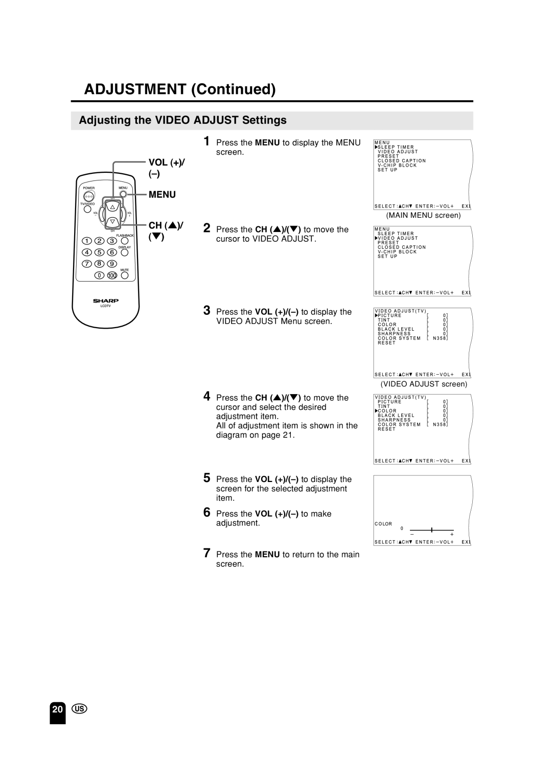 Sharp LC 15A2U operation manual Adjustment, Adjusting the Video Adjust Settings 