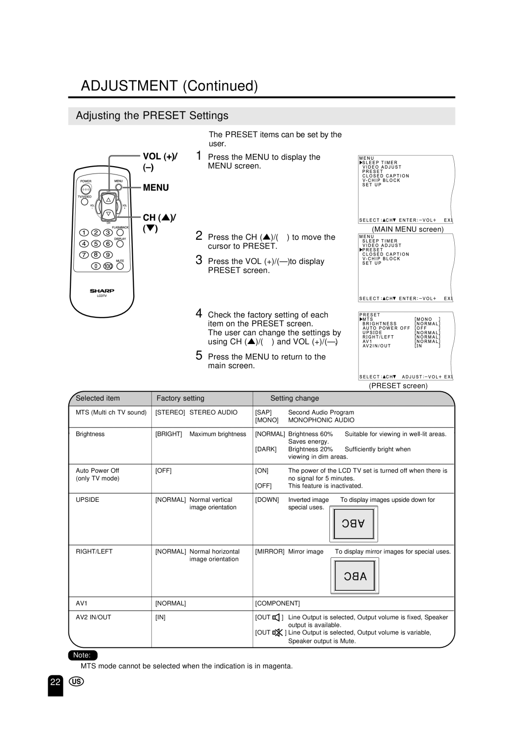 Sharp LC 15A2U operation manual Adjusting the Preset Settings, Preset items can be set by the user 