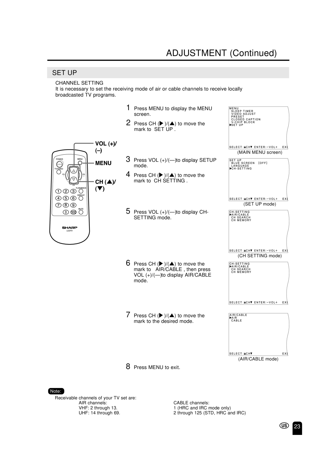 Sharp LC 15A2U operation manual Set Up, Press VOL +/-to display CH- Setting mode 