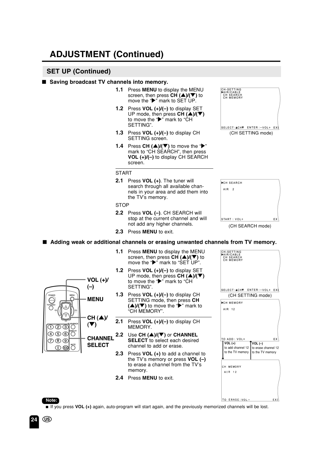 Sharp LC 15A2U operation manual Set Up, Saving broadcast TV channels into memory 