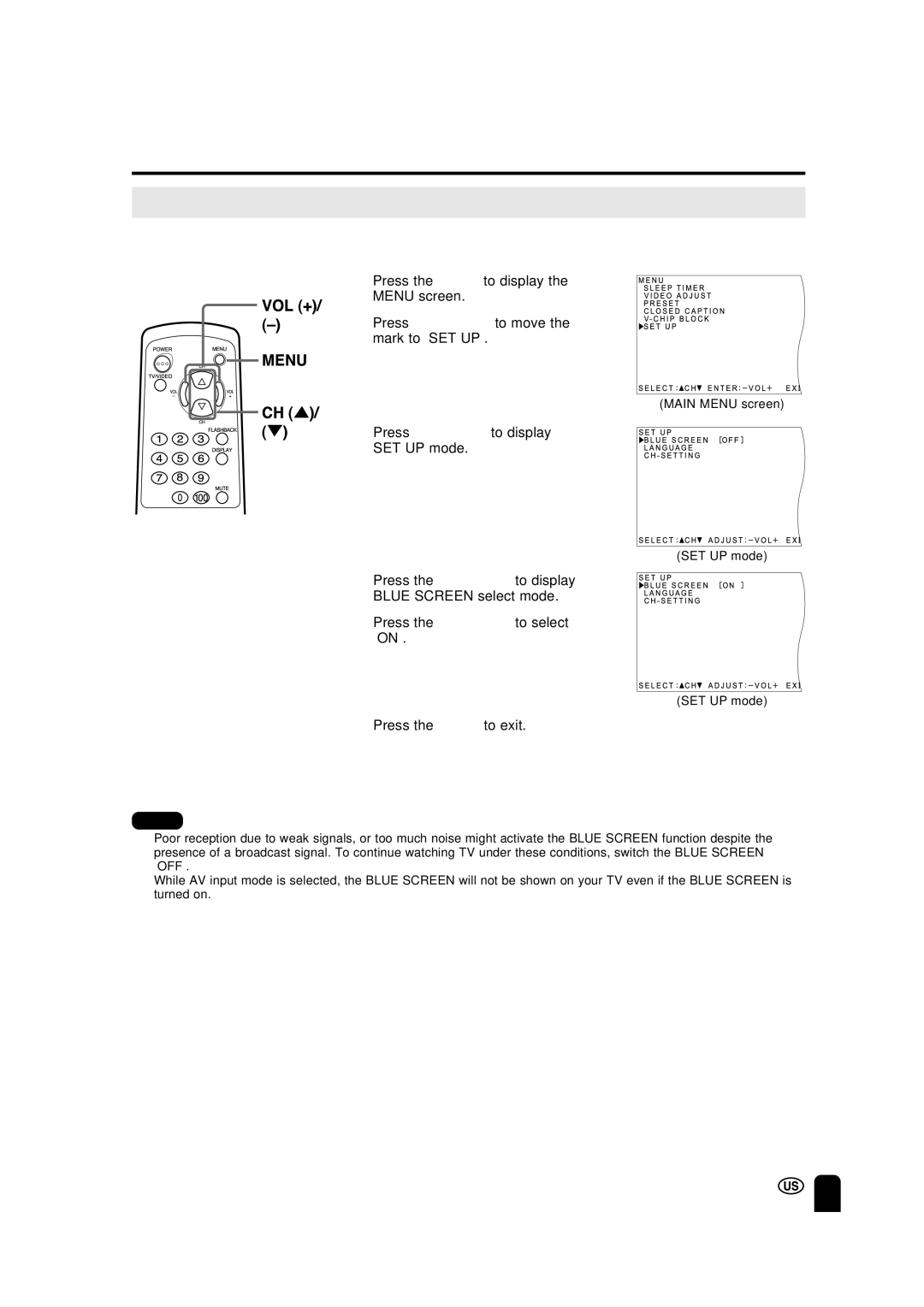 Sharp LC 15A2U operation manual Adjusting the Blue Screen Settings, Press VOL +/-to display SET UP mode 