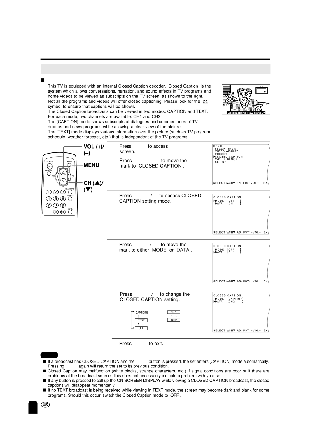 Sharp LC 15A2U operation manual Adjusting the Closed Caption Settings, Setting Closed Caption 