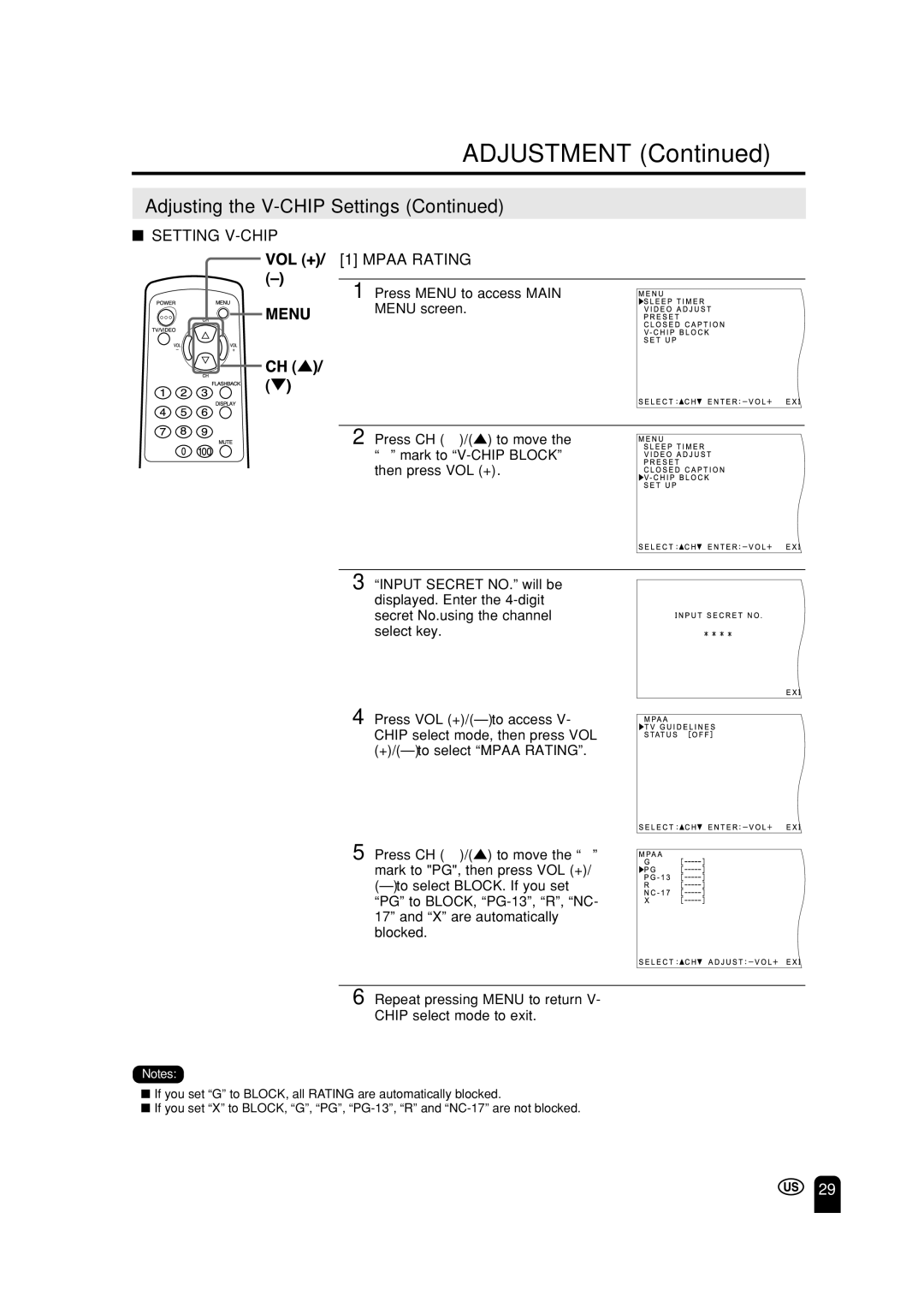 Sharp LC 15A2U operation manual Setting V-CHIP Mpaa Rating 