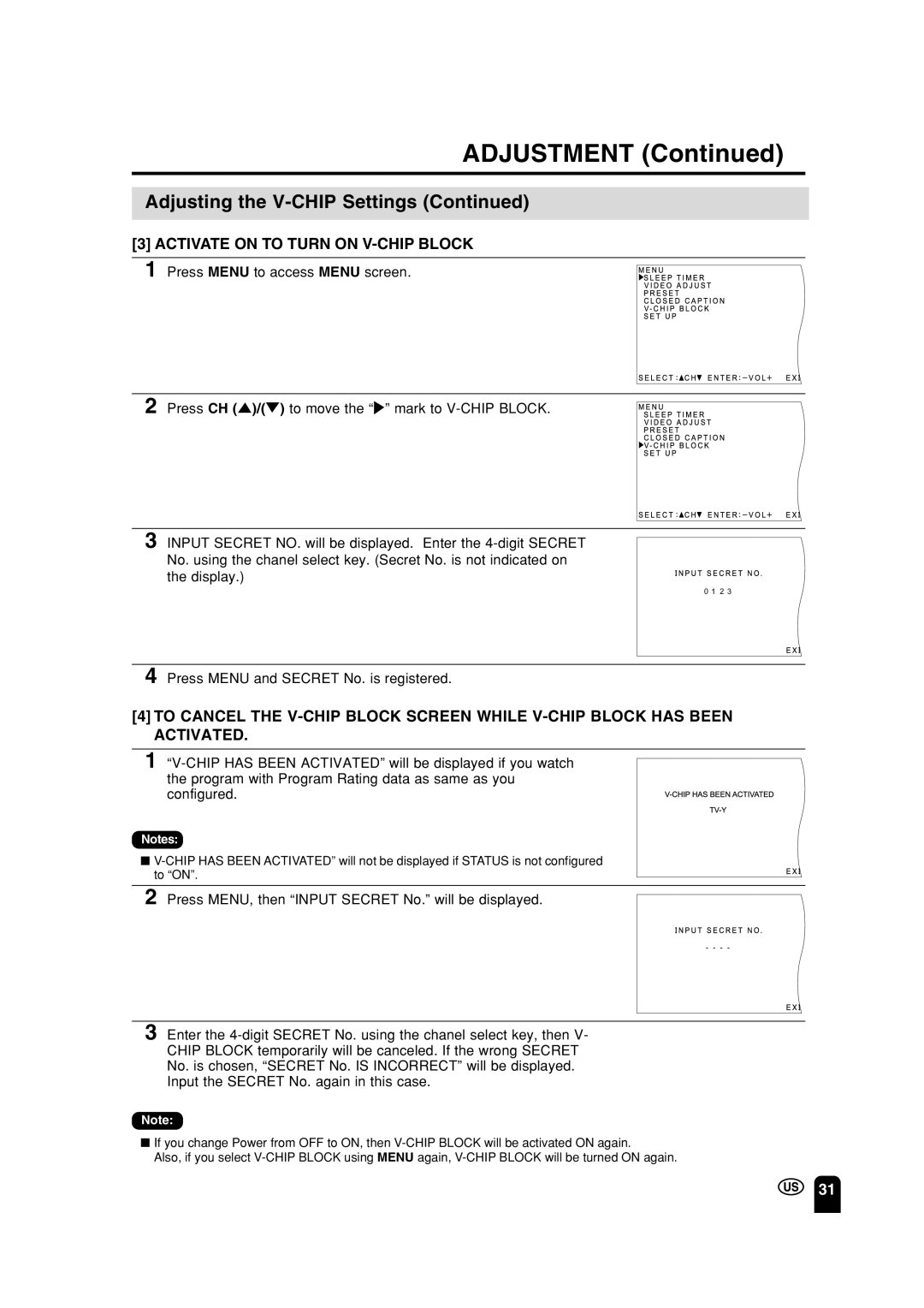 Sharp LC 15A2U operation manual Activate on to Turn on V-CHIP Block 