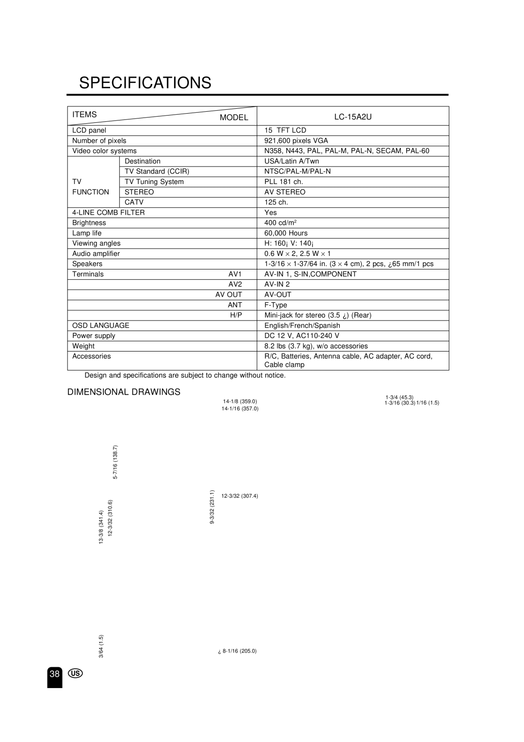 Sharp LC 15A2U operation manual Specifications, Dimensional Drawings, LC-15A2U 