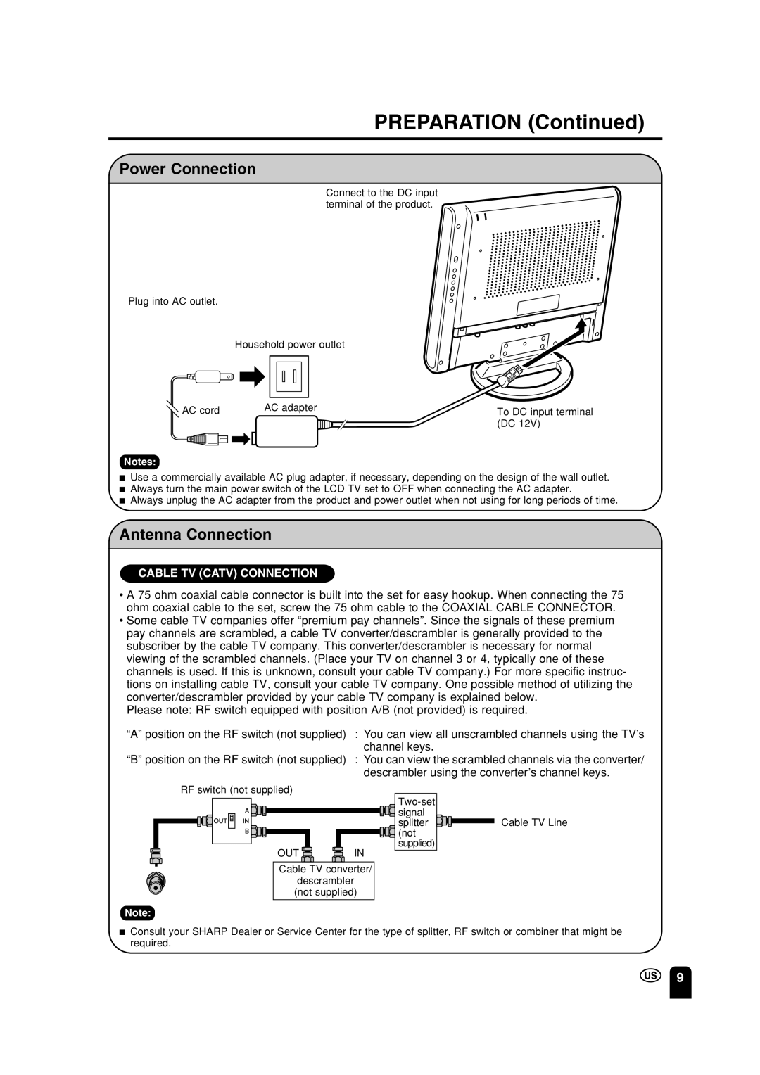 Sharp LC 15A2U operation manual Preparation, Power Connection, Antenna Connection 