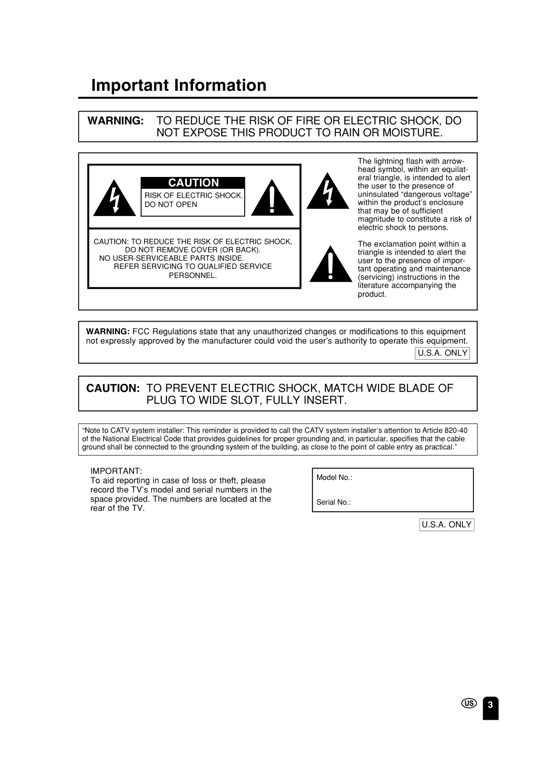 Sharp LC 15A2U operation manual Important Information 